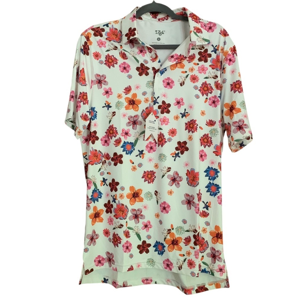 1764 Golf Mens White Garden Floral Collared Golf Short Sleeve Polo Sz M